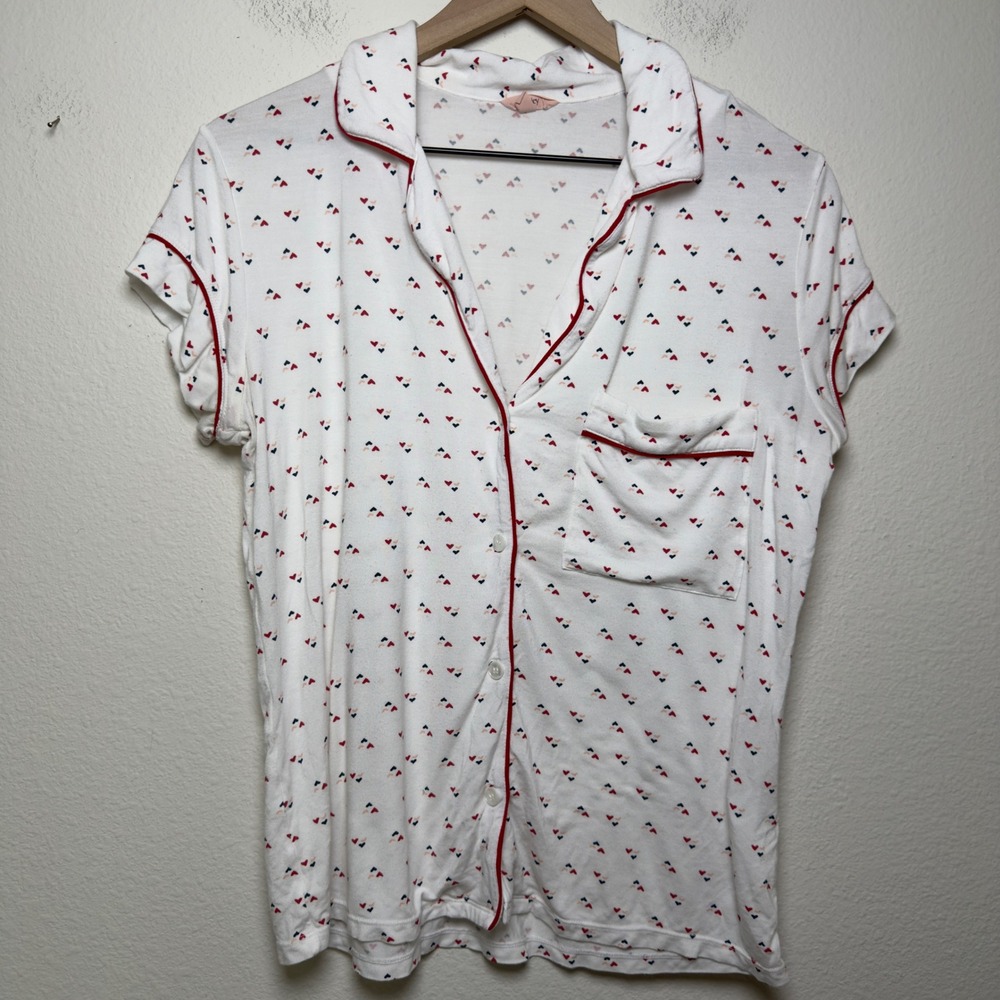 Eberjey Women Pajama Top Small White Gisele Triple Hearts Short Sleeve Piped